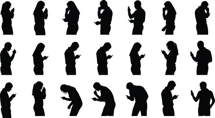 Vector Silhouettes of People Using Smartphones, CAD Style Standing and Holding Poses Depicting Mobile Communication, Social Tech Behavior Concept