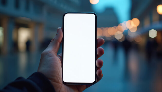 Person holds smartphone with blank white screen. Perfect for global business marketing plans and digital investment economy concepts. Mockup model isolated background, tech and mobile device.