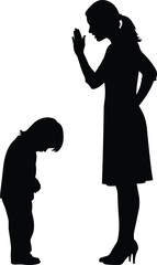 Vector Silhouettes of Woman Gesturing and Child in Sad Posture, CAD Style Body Language Concept, Parenting, Emotion, Relationship Illustration