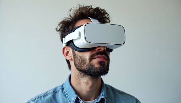 Man with beard wears white virtual reality headset, interacts with digital environment. Modern tech innovation for gaming, entertainment, simulation, cyberspace immersion.