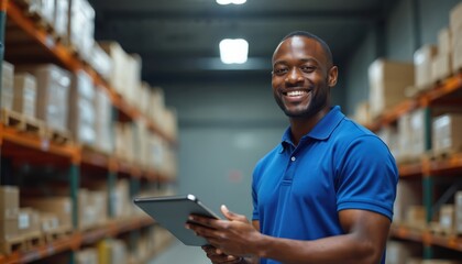 Smiling, handsome dark-skinned warehouse worker in blue polo shirt holds tablet computer. Standing in goods storage area looking at camera with confidence, professionalism. Represents diversity,