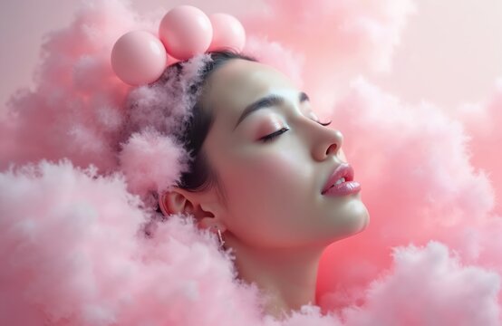 Close-up portrait of a serene woman with closed eyes, enveloped in soft pink fluffy clouds. Pastel background creates a dreamy, surreal mood. Ethereal, feminine fantasy concept with delicate beauty.