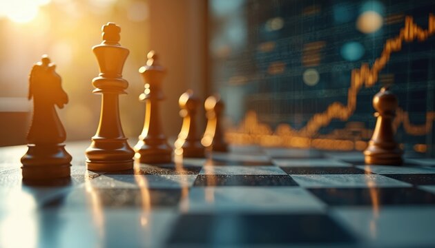 Chess pieces on board with financial graphs overlay. Business strategy concept, decision making, competitive analysis, investment planning visualized through strategic game setup, market data.