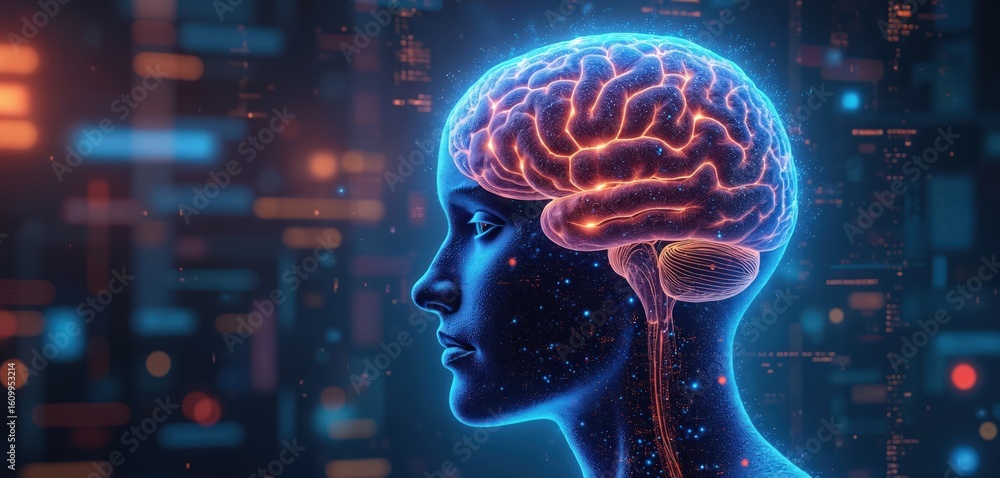 Poster digital illustration of human brain with glowing neural networks against dark, tech-themed backgroun
