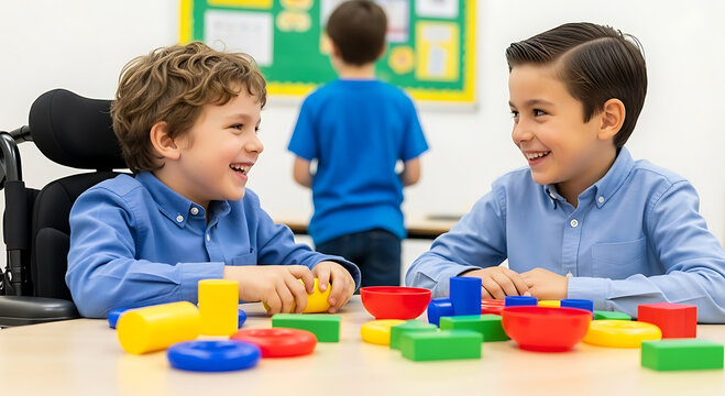 Two young boys smiling and playing with colorful building blocks in a classroom