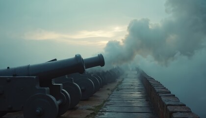 Lineup of historical cannons firing with smoke plumes. Coastal re-enactment event in daytime. Military tradition, power, excitement on display. Spectators witness patriotic demonstration, heritage