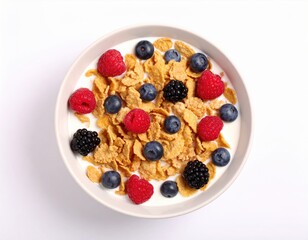 Top View of Cereal Bowl with Milk and Berries