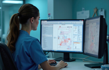 Female registered nurse analyzes patient medical charts on computer monitors at nursing station. Healthcare professional uses technology for documentation, data analysis, patient record management.