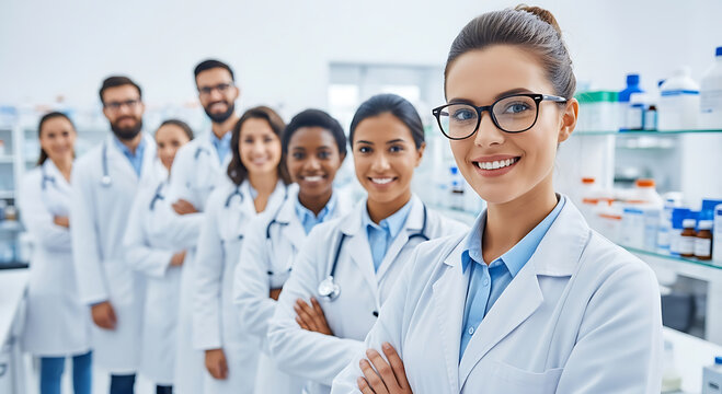Diverse group of smiling medical professionals in a laboratory setting
