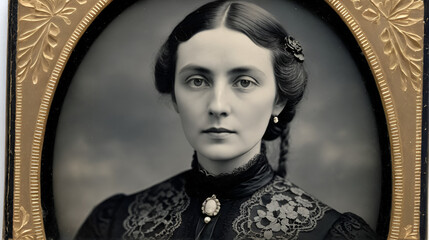 Victorian lady in a black lace dress, high-neck collar, cameo brooch, tintype texture, authentic antique appearance