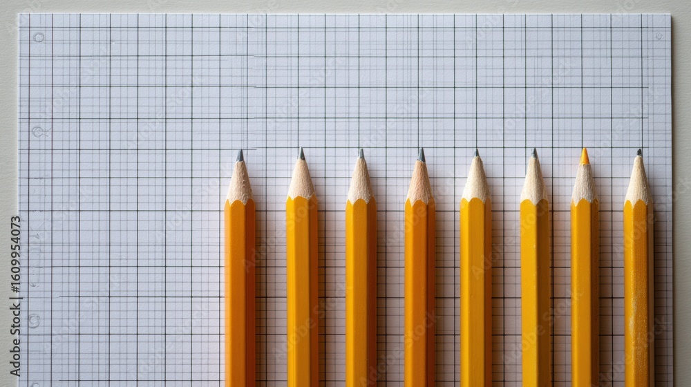 Poster neatly arranged yellow pencils on clean graph paper create a structured study environment for focuse
