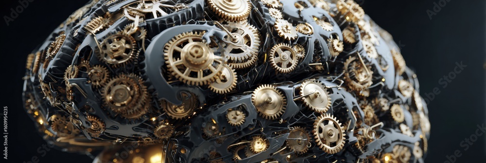 Poster mechanical brain with shining gears represents the fusion of technology and intelligence in a visual