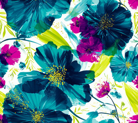 Bold Teal and Fuchsia Floral Splash Pattern