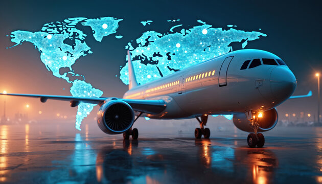 Modern airplane stands on wet tarmac with glowing digital world map background. Global connectivity, advanced aviation technology, future air travel. Highlights innovation in smart air transport, - Powered by Adobe
