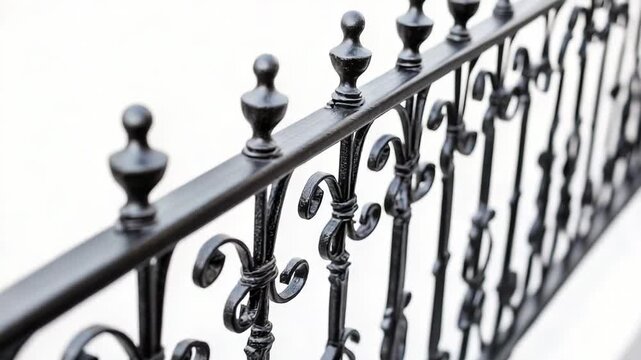 A close-up shot of a worn-out black iron fence with intricate details