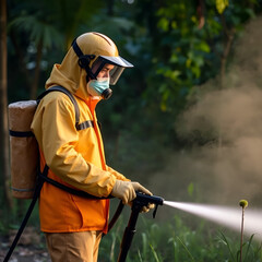 Man work fogging to eliminate mosquito for preventing spread dengue fever and zika virus