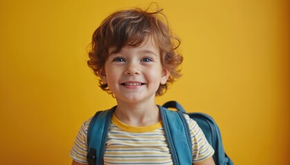 Excited child wearing backpack, ready for school. Cheerful young pupil smiles brightly, anticipating learning, fun. Image captures childhood innocence, back to school preparation, bright yellow