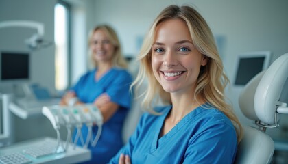 Two smiling dental professionals in blue scrubs pose in modern, clean clinic. One practitioner looks directly at camera, conveying confidence, friendliness. Background shows dental equipment, another