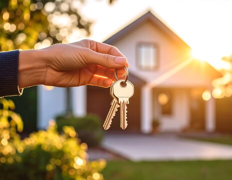 Hand holding keys in front of house - Powered by Adobe