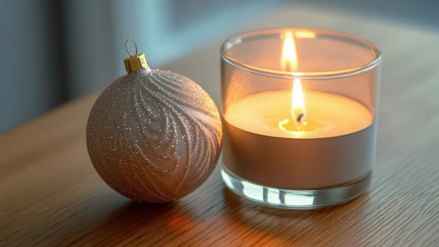 A simple Christmas setup featuring a candle and a decorative ornament on a table