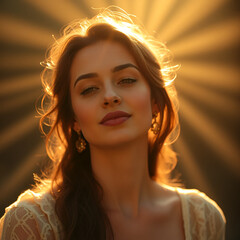 Golden Lights Embrace Womanly Face Gentle Radiance