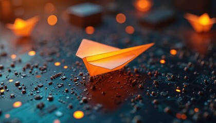 Orange paper airplane rests on dark circuit board, symbolizing digital communication and future technology. Intricate electronic components and glowing lights suggest innovation and data transmission.