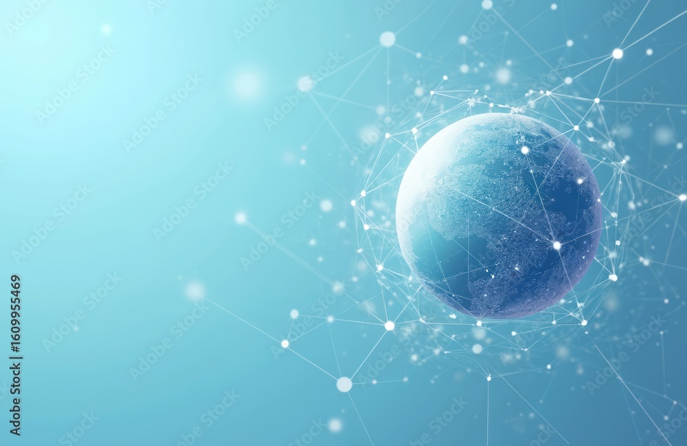 Poster abstract digital globe with interconnected nodes on blue background. geometric wireframe structure s