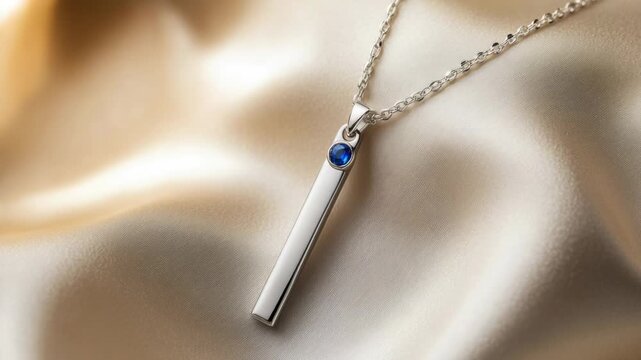 A close-up shot of a silver necklace featuring a blue stone, often used in jewelry or fashion photography