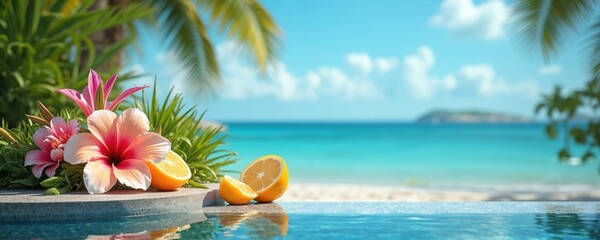 Obraz premium Tropical summer poolside scene features vibrant hibiscus flowers, fresh citrus slices by turquoise ocean water. Palm leaves frame plants. Bright sunlit paradise invites relaxation, aquatic leisure.