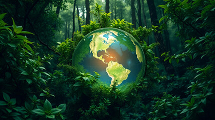 Glass globe encircled by verdant forest flora, symbolizing nature, environment, sustainability, ESG, and climate change awareness,
