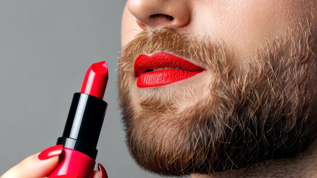 The Bold Stroke: Close-up shot showcases a man's applying red lipstick to his lips with a focus on self-expression.