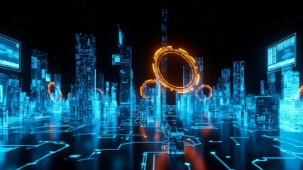 Futuristic Digital Cityscape with Glowing Circuitry and Holograms. - Powered by Adobe