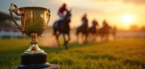Golden trophy gleams at horse racing event. Horses gallop on sunlit track, evoking victory and speed. Captures prestige of equestrian sport, a moment of achievement and celebration.