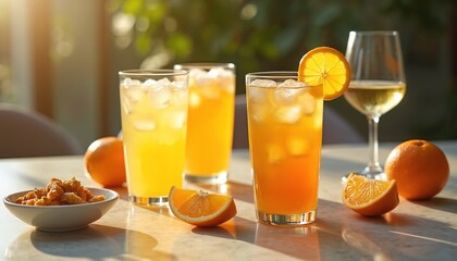 Fototapeta premium Refreshingly elegant display of citrus kombucha, white wine on dining table, garnished with orange slices, ice. Table setting features small bowl of snacks, creating sophisticated atmosphere perfect