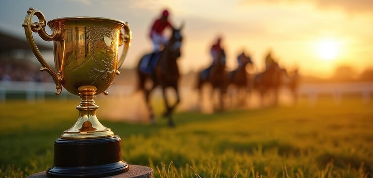 Golden trophy gleams at horse racing event. Horses gallop on sunlit track, evoking victory and speed. Captures prestige of equestrian sport, a moment of achievement and celebration. - Powered by Adobe