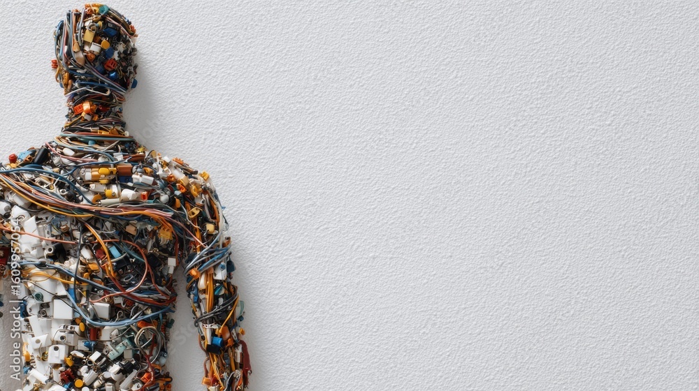 Poster abstract human figure crafted from puzzle pieces and wires, showcasing creativity in a minimalistic 