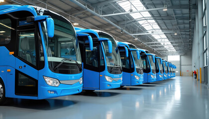 Modern fleet of blue buses lined up in spacious, clean depot. Vehicles feature efficient design, technology, ready for urban public transport operations. Organized parking ensures smooth logistics,