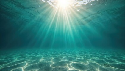 Sunbeams penetrate vibrant teal ocean depths, illuminating sandy floor. Clear, calm water creates tranquil, peaceful aquatic environment. Underwater view reveals tranquil surface, crystalline seabed.