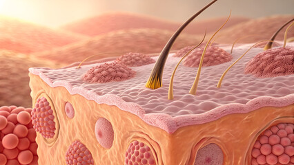Microscopic rendering of human skin pore — sebum flowing from sebaceous gland, surrounded by healthy and inflamed epithelial cells