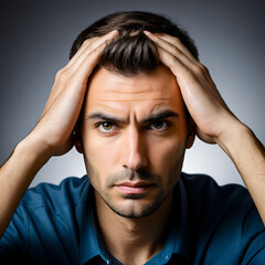 A portrait reflecting serious focus and concentration, with a subject's hands placed on their head. It draws viewers into the depths of the subject's determination.