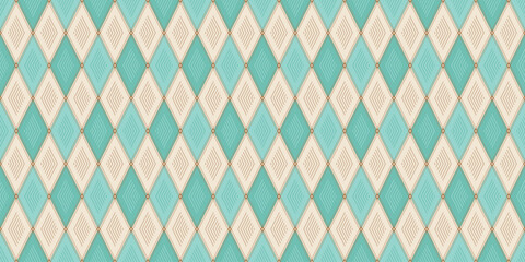 Vector Pastel Christmas Argyle Seamless Pattern -Turquoise, White, Golden Colors Geometric Diamond Holiday Background