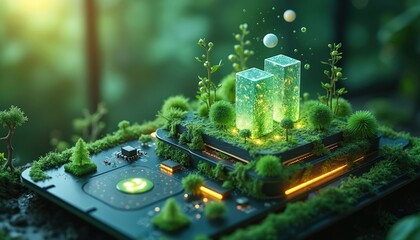Green technology concept combining nature, computing. Eco-friendly devices, renewable energy solutions merge with rich green plants, circuitry. Sustainable development, smart living, clean
