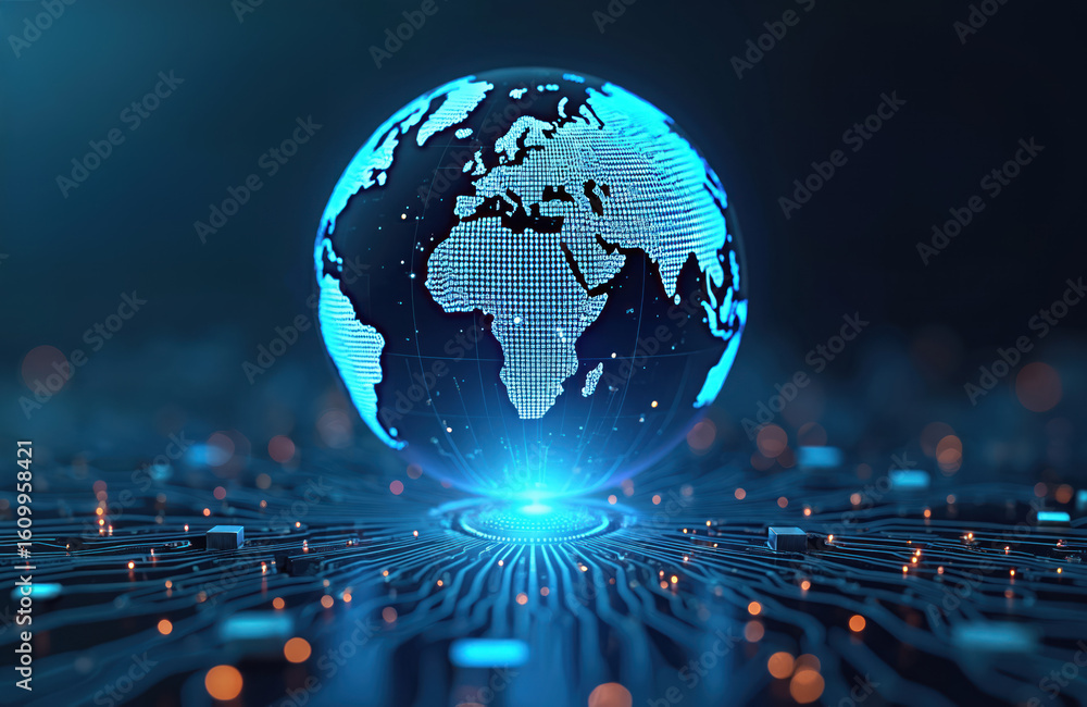 Poster digital globe on circuit board background represents global cybersecurity. data protection, encrypti