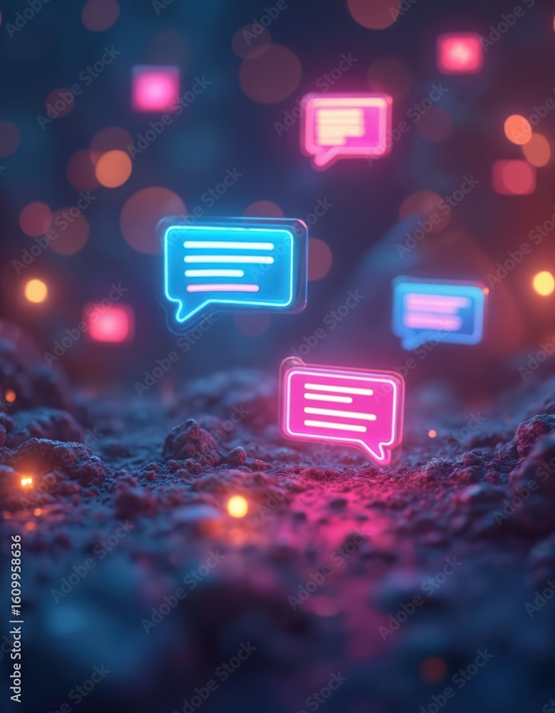 Poster floating neon message bubbles and glowing notifications fill a vibrant social media chat interface a