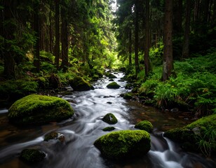 Obraz premium Forest stream, mossy rocks, lush greenery