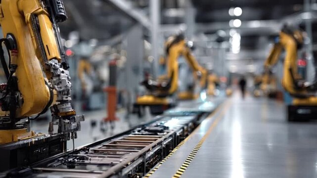 Precise robotic arms executing synchronized movements along modern assembly line, demonstrating advanced manufacturing automation within cutting edge industrial environment