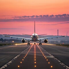 Commercial Airplane on Runway at Sunset – Aviation Travel Concept, airplane landing at sunset, Airliner on Airport Runway