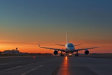 Commercial Airplane on Runway at Sunset – Aviation Travel Concept, airplane landing at sunset, Airliner on Airport Runway