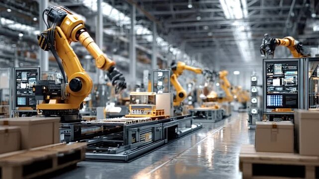Precision driven robotic arms operating on advanced manufacturing assembly line, demonstrating high efficiency automated production with cutting edge technological innovation