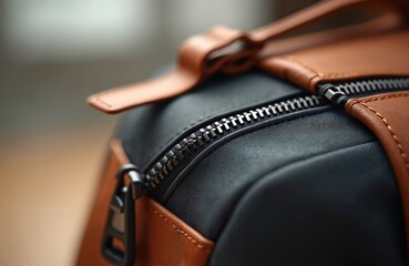 Macro shot of luxury leather bag zipper. Features high-quality metal zip on dark material contrasted with rich tan leather accents, stitching. Elegant, fashionable accessory for travel or daily use.